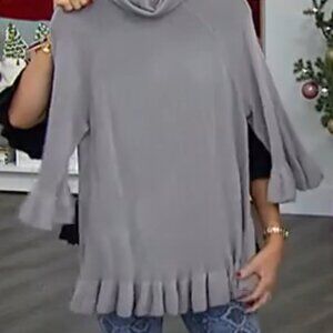 DG2 Diane Gilman Lux Touch Ruffled Raglan Slv Sweater Gray 3X